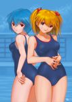  ayanami_rei blue_eyes blue_hair kobayashi_yuuji multiple_girls neon_genesis_evangelion one-piece_swimsuit orange_hair red_eyes short_hair signature souryuu_asuka_langley swimsuit twintails water 