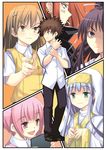  4girls :d brown_hair buttons cigarette dress_shirt expressionless full_body green_eyes half-closed_eyes index kamijou_touma kanzaki_kaori long_hair looking_at_viewer misaka_mikoto multiple_boys multiple_girls nun open_mouth pants pink_eyes pink_hair robe shaded_face shirt silver_hair smile smoking spiked_hair stiyl_magnus to_aru_majutsu_no_index tsukuyomi_komoe veil yuuji 