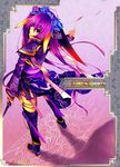  akahoshi_kenji chinese_clothes feathers hair_ribbon hairband purple_eyes purple_hair ribbon sangokushi_taisen solo sword thighhighs touhaku weapon 