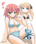  bikini blonde_hair blue_eyes breast_envy breasts cleavage green_eyes long_hair medium_breasts multiple_girls pink_hair quiz_magic_academy ruquia shalon shiden_(sashimi_no_wife) short_hair side-tie_bikini small_breasts swimsuit 