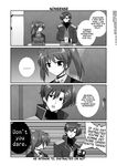  1boy 1girl camera comic fingerless_gloves gloves greyscale hard_translated lyrical_nanoha mahou_shoujo_lyrical_nanoha_strikers mikage_takashi military military_uniform monochrome teana_lanster translated tsab_ground_military_uniform twintails uniform vice_granscenic 