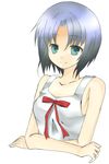  aqua_eyes artist_request bare_shoulders blue_hair chie_rumiko collarbone crossed_arms dress higurashi_no_naku_koro_ni looking_at_viewer short_hair simple_background smile solo sundress white_background white_dress 