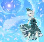  ghost hairband haneko hitodama kneehighs konpaku_youmu konpaku_youmu_(ghost) petals ribbon silver_hair sky socks solo touhou 