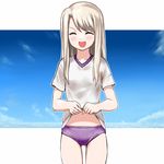  buruma closed_eyes day fate/stay_night fate_(series) gym_uniform illyasviel_von_einzbern koumo long_hair midriff parody shirt shirt_lift sky solo t-shirt white_hair world_witches_series 