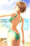  ass back beach breasts brown_hair butt_crack choker cloud covered_nipples day from_behind game_cg highres lipstick looking_back makeup mikami_yuuki_(sodom_no_shima) nakamura_nishiki one-piece_swimsuit outdoors purple_eyes short_hair sky small_breasts sodom_no_shima solo swimsuit water 