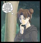  artist_request brown_hair double_bun english fourth_wall hood hoodie lowres naruto naruto_(series) parody plant solo tenten thinking tree vines 