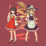  apron ascot black_hair blonde_hair bow brooch brown_eyes frills gohei hair_bow hakurei_reimu holding jewelry kannari kirisame_marisa looking_at_viewer mary_janes multiple_girls ponytail puffy_short_sleeves puffy_sleeves red_background shoes short_sleeves simple_background touhou vest waist_apron 