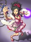  baariya black_hair blue_eyes breasts cleavage deborah dragon_quest dragon_quest_v dress energy_ball flower hair_flower hair_ornament jewelry large_breasts long_hair magic mole mole_under_eye necklace pinky_out rose solo whip 