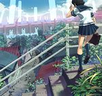  bag black_hair cityscape cloud cover crane day flood kneepits legs multiple_girls ocean original outdoors plant power_lines railing rooftop scenery school_bag school_uniform short_hair sky solo_focus stairs tatsuwo vines water waterfall 