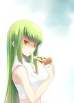  bangs bare_shoulders c.c. code_geass eating food green_hair holding_pizza long_hair miyoochi pizza sleeveless sleeveless_turtleneck solo turtleneck yellow_eyes 