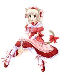  absurdres animal_ears blush brown_eyes brown_hair cat_ears copyright_request dress full_body funyo gloves hair_ornament hair_ribbon highres long_hair mary_janes pantyhose paw_print red_footwear ribbon shoes sitting skirt solo tail transparent_background 