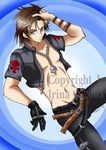  adjusting_hair belt blue_eyes brown_hair crop_top final_fantasy final_fantasy_viii gloves irina looking_at_viewer male necklace open_shirt pendant short_hair solo squall_leonhart unzipped zipper 