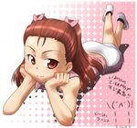  bow hair_bow idolmaster idolmaster_(classic) idolmaster_1 long_hair lying minase_iori on_stomach red_eyes red_hair shoes skirt sleeveless smile sneakers solo translated ttomm twintails 