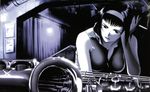  adjusting_hair artist_request blue cigarette cowboy_bebop faye_valentine hairband instrument monochrome saxophone solo 