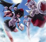  animal_ears black_hair black_wings flying hat inubashiri_momiji multiple_girls notebook pen shameimaru_aya shield short_hair sw_(stevew) sword tail touhou weapon white_hair wings wolf_ears wolf_tail 