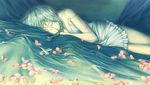  blue braid breasts cleavage closed_eyes izayoi_sakuya kieta knife lying medium_breasts petals silver_hair sleeping solo strap_slip touhou 