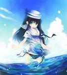  bad_id bad_pixiv_id bikini bikini_bottom black_hair blue_eyes day hat no_pants ocean original pork_pie_sailor_hat sailor_hat school_uniform serafuku shimeko side-tie_bikini solo swimsuit water 