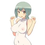  aaaa bodysuit breasts green_hair large_breasts looking_at_viewer nipples open_mouth original see-through simple_background sleeveless smile solo white_background 