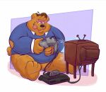 06junior11 2025 absurd_res anthro bear black_nose brown_body brown_fur clothing controller cute_fangs electronics eyewear fangs fur game_controller glasses hat headgear headwear hi_res male mammal nintendo nintendo_64 overweight overweight_male shirt sitting solo teeth television tongue tongue_out topwear