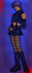  1boy arm_belt artist_logo belt_boots bishounen black_boots black_nails blood blood_splatter blue_background blue_eyes blue_hair boots border checkered_clothes checkered_pantyhose chest_belt creepycoffins crossdressing detached_sleeves drop_shadow earrings frown glaring hair_over_one_eye highres jewelry knees_together_feet_apart legato_bluesummers logo male_focus medium_hair midriff miniskirt nail_polish o-ring o-ring_legwear otoko_no_ko own_hands_together pantyhose skirt sleeves_past_wrists solo standing suspender_skirt suspenders swept_bangs thigh_boots trigun tumblr_username visual_kei 