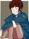  brown_hair clenched_teeth closed_eyes grimace highres jacket maabou panties panties_under_pantyhose pantyhose police police_uniform psycho-pass short_hair sitting skirt solo teeth tsunemori_akane underwear uniform white_panties 