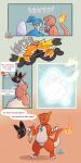 abdominal_bulge ambiguous_gender anthro blush charmander charmeleon chili_(some_nerd) clothing comic cosplay_pikachu_(costume) dialogue digestion eclairscollection evolution_(transformation) eyes_closed feral fire flaming_tail generation_1_pokemon generation_3_pokemon generation_8_pokemon glowing grin group hand_on_butt hi_res hisuian_form hisuian_zorua legwear lily_(bodyno) male_(lore) mask mind_control mudkip multiple_prey neck_bulge necklace_pull nintendo open_mouth oral_vore pikachu_libre pokemon pokemon_(species) pouch_(clothing) regional_form_(pokemon) semi-anthro smile soft_vore sound_effects speech_bubble tail tail_motion tailwag talking_to_prey tights tongue tongue_out transformation vore weight_gain willing_prey