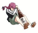  1girl black_bow black_jacket black_nails blunt_bangs blush bocchi_the_rock! bottle bow chromatic_aberration closed_eyes dress fighting_game fingernails full_body geta green_dress guilty_gear hair_bow hiroi_kikuri holding holding_bottle jacket long_hair long_sleeves low-braided_long_hair low-tied_long_hair medium_dress multicolored_jacket nail_polish nose_blush pink_hair sake_bottle simple_background sol_badguy solo torako_(toramaru) twitter_username two-tone_jacket v-shaped_eyebrows watermark white_background white_jacket 