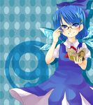  1girl bespectacled blue_eyes blue_hair book bow cirno dress glasses hair_bow hair_ornament hairpin ice ice_wings rarorimiore short_hair short_sleeves smile solo touhou wings 