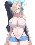  1girl absurdres areola_slip asuna_(blue_archive) black_panties blonde_hair blue_archive blue_eyes blue_halo blue_shorts blush breasts cleavage collarbone grey_jacket groin hair_over_one_eye hair_ribbon halo highres jacket kurochomo large_breasts long_hair navel open_fly panties ribbon shirt shorts single_bare_shoulder smile solo thighs underwear very_long_hair white_background white_shirt 