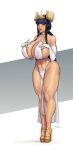  1girl absurdres black_hair blue_eyes breasts covered_nipples devilhs full_body grey_background high_heels highres huge_breasts long_hair looking_at_viewer original signature solo two-tone_background white_background white_loincloth 