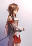  asuna_(sao) bare_shoulders breastplate brown_hair detached_sleeves highres long_hair masashi_(excellent) red_eyes sketch solo sword sword_art_online weapon 