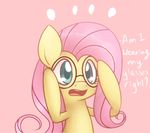  english_text equine eyewear female feral fluttershy_(mlp) friendship_is_magic fur glasses hair horse mammal my_little_pony open_mouth pink_background pink_hair plain_background pony solar-slash solo text yellow_fur 