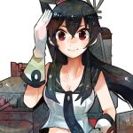  1girl black_hair blouse breasts cannon gloves itomugi-kun kantai_collection long_hair medium_breasts navel ponytail red_eyes salute ship_turret shirt smile solo white_gloves yahagi_(kancolle) 