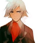  ascot brown_jacket closed_mouth expressionless formal jacket lechuza looking_at_viewer male_focus pokemon silver_eyes silver_hair simple_background sketch solo suit tsuwabuki_daigo upper_body white_background 