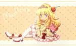  blonde_hair blue_eyes bow cherry cup dress duel_monster food fruit gloves jewelry long_hair luna(artist) madolche madolche_puddingcess tiara yu-gi-oh! yuu-gi-ou_duel_monsters 