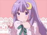  animated animated_gif blush chuunibyou_demo_koi_ga_shitai! crescent crescent_hair_ornament dress hair_ornament long_hair lowres parody patchouli_knowledge pointing purple_eyes purple_hair ribbon solo sparkling_daydream touhou 