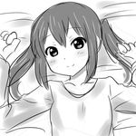  aaaa blush greyscale k-on! long_hair looking_at_viewer lying monochrome nakano_azusa on_back smile solo 