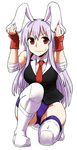  alternate_costume animal_ears blush boots borrowed_design breasts bunny_ears bunny_tail cleavage ear_grab full_body highres itou_yuuji lavender_hair long_hair medium_breasts necktie one_knee purple_hair red_eyes red_neckwear reisen_udongein_inaba simple_background solo sweatdrop tail thighhighs touhou wavy_mouth white_background wrestling_outfit 