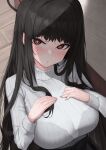  1girl absurdres black_bra black_hair blue_archive blush bra bralines breasts hair_in_own_mouth halo highres large_breasts long_hair looking_at_viewer red_eyes ribbed_sweater ringed_eyes rio_(blue_archive) solo sweater turtleneck turtleneck_sweater ubeuna underwear very_long_hair white_sweater 