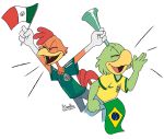 4_fingers avian beak bird brazil brazilian_flag disney eyes_closed feathers flag gloves_(marking) green_feathers hi_res hisamhere holding_object jos&eacute;_carioca male markings mexican_flag mexico nike open_mouth open_smile panchito_pistoles parrot red_feathers simple_background smile soccer sport the_three_caballeros vuvuzela white_background yelling yellow_beak 