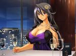  alcohol black_hair breasts city_lights cleavage cup dark_skin dress drinking_glass game_cg hair_ornament huge_breasts jewelry long_hair menu mochizuki_nozomu necklace night night_sky ore_wa_tsuma_killer purple_eyes sky solo sonomura_meiko window wine wine_glass 