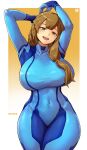  1girl absurdres aosora2823 blue_bodysuit bodysuit breasts brown_eyes brown_hair commentary_request commission cosplay covered_navel gradient_background highres inazuma_eleven inazuma_eleven_(series) inazuma_eleven_victory_road large_breasts long_hair metroid nanobana_kinako open_mouth pixiv_commission samus_aran samus_aran_(cosplay) skin_tight smile solo two-tone_background white_background zero_suit 