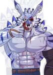 abs absurd_res anthro asiahao520 bandai_namco blood bodily_fluids bruised digimon digimon_(species) eye_scar facial_scar hi_res male muscular muscular_anthro muscular_male pecs scar solo vein veiny_muscles weregarurumon wounded