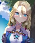  1girl blonde_hair blue_eyes blue_sky blush breast_press breasts carole_reaper heaven_burns_red highres large_breasts long_hair negino_yurine parted_bangs shy sky solo tree 