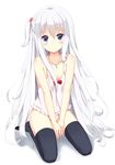  bad_id bad_pixiv_id black_legwear blue_eyes blush camisole collarbone cross flat_chest grey_hair highres jewelry long_hair necklace ocha_no_ha one_side_up original panties sitting solo thighhighs underwear v_arms very_long_hair white_background 