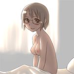  :d aaaa bangs bed blanket blush breasts glasses looking_at_viewer medium_breasts nipples nude open_mouth original pillow short_hair sitting smile solo under_covers window 