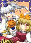  :d :o bishamonten's_pagoda blonde_hair blush hair_ornament hat jack-o'-lantern japanese_clothes kariginu kuzumomo long_sleeves mononobe_no_futo multiple_girls open_mouth ponytail pumpkin red_eyes short_hair silver_hair smile tate_eboshi toramaru_shou touhou wide_sleeves 