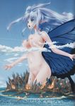  blue_eyes breasts eichikei_(hakuto) giantess highres large_breasts long_hair navel nipples nude open_mouth pointy_ears wings 