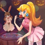  2girls alternate_costume alternate_hairstyle animal_ears animal_tail apple apples barrel blonde_hair breasts brown_hair cheerleader cosplay crossover crown earrings food fruit halloween haruka_(pokemon) jack-o&#039;-lantern jack-o'-lantern jewelry multiple_girls nintendo party plusle plusle_(cosplay) pokemon ponytail princess princess_peach pumpkin rosana skirt socks star striped striped_legwear striped_socks super_mario_bros. tail water 