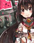  1girl blouse breasts brown_eyes brown_hair cannon cherry_blossoms flower hair_flower hair_ornament itomugi-kun kantai_collection long_hair medium_breasts oil-paper_umbrella ponytail radar ship_turret shirt smile solo umbrella very_long_hair yamato_(kancolle) 